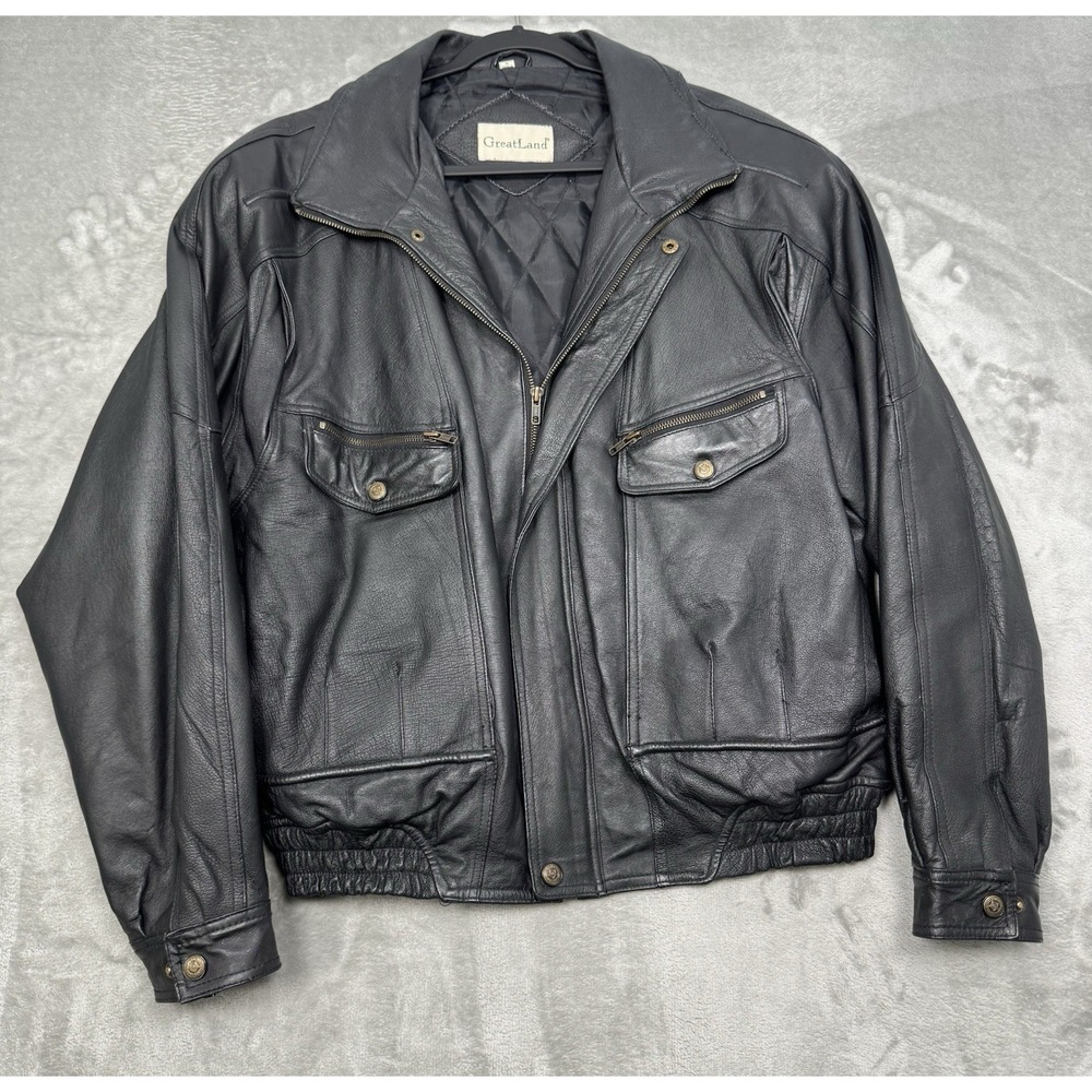 Greatland Leather Jacket Mens XL Black Bomber Insulated Retro Moto Biker 90s Y2K